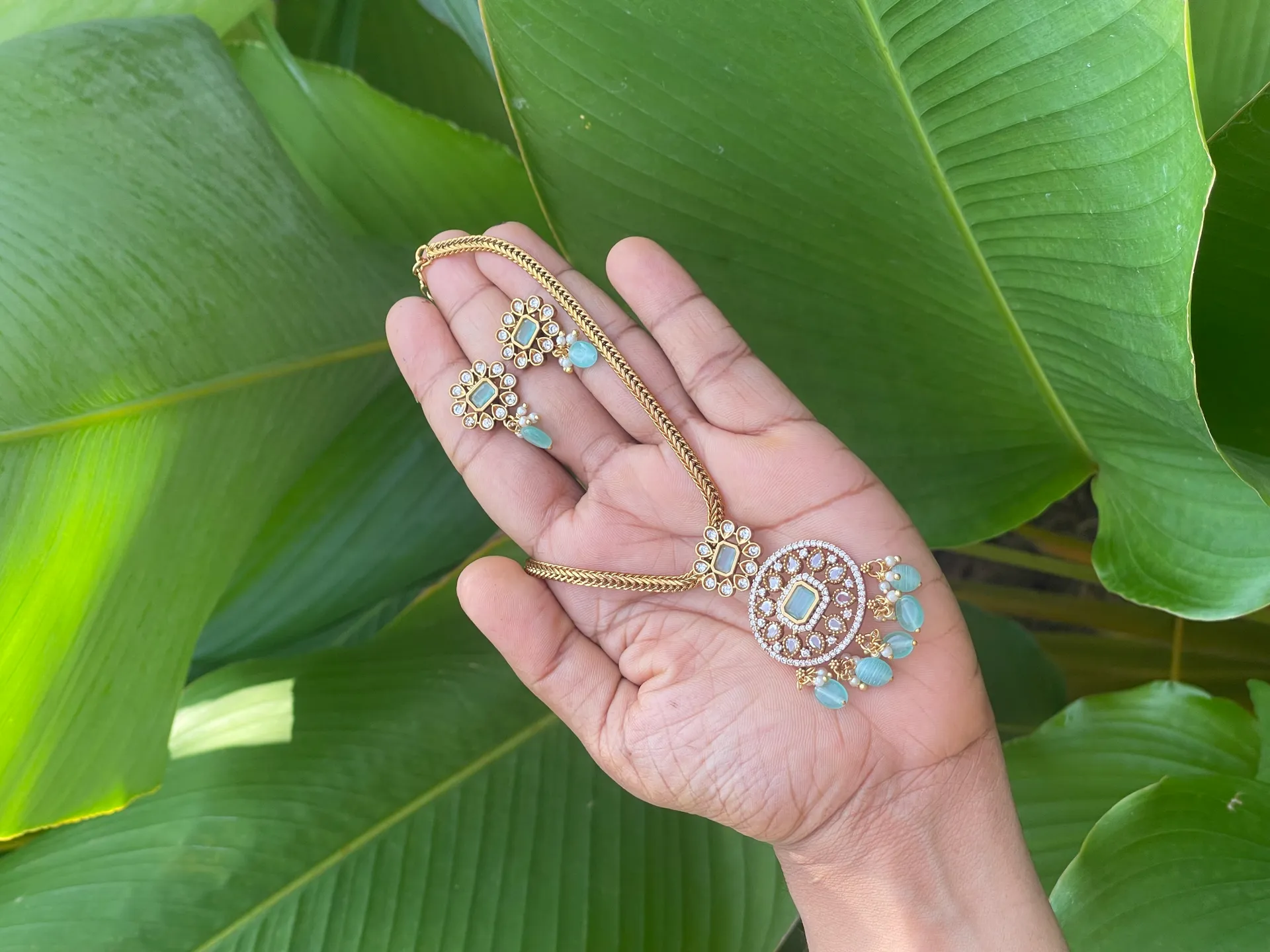 Aqua Pendant AD stone Necklace and Earrings